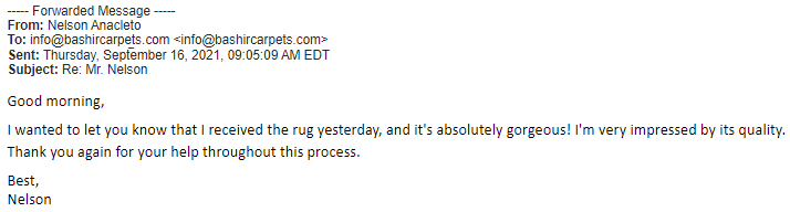 Email from a satisfied customer with the quality of the carpet they have received from us.